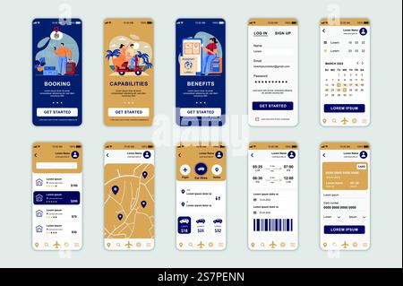 Bildschirme für Buchungskonzept für mobile App-Vorlage. Die Leute bestellen Taxi, kaufen Flugtickets und Touristenausflüge online. UI-, UX-, GUI-Benutzeroberflächenkit für Smartphone-Anwendungslayouts. Vektordesign Stock Vektor