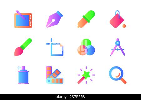 Grafiksymbole im flachen Farbdesign. Packung mit Maltablette, Pinsel, Pinsel, Pipette, Farbpalette, Spray, Farbmuster, Zauberstab und anderes. Vektorpiktogramme für Websites und mobile Apps Stock Vektor