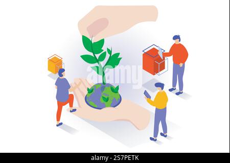 Umweltfreundliches Lifestyle-Konzept im isometrischen 3D-Design. Die Menschen kümmern sich um die Umwelt und die Natur des Planeten, indem sie umweltfreundliche Technologien einsetzen. Vektorillustration mit Isometrieszene für Webgrafik Stock Vektor