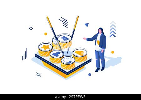 Social-Media-Konzept in 3D-Isometrie. Frau bloggt online, nimmt Sushi und sammelt Likes, Kommentare und neue Follower. Vektorillustration mit isometrischer Personenszene für Webgrafik Stock Vektor