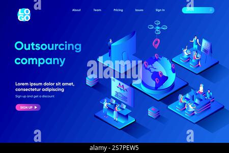 Outsourcing-Unternehmenskonzept 3D isometrische Web-Landing-Page. Menschen arbeiten von zu Hause aus in einem internationalen Unternehmen, erledigen Aufgaben und kommunizieren online. Vektorillustration für Webvorlagen-Design Stock Vektor