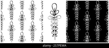 Nahtlose Schwarzweißmuster. Bunte Volksblumen im skandinavischen Cottagecore-Stil. Druck in Hand Zeichnung erstellt für Stoffe, t Stock Vektor