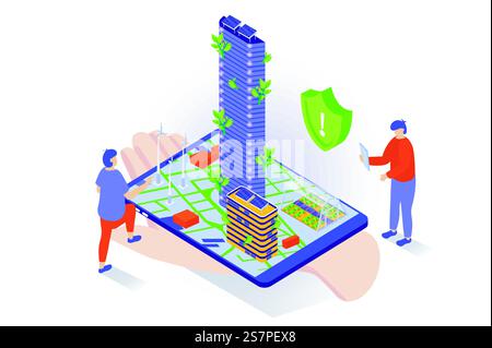 Umweltfreundliches Lifestyle-Konzept im isometrischen 3D-Design. Menschen, die grüne Energietechnologie und Abfallwirtschaft in einer intelligenten Stadt mit ökologischer Infrastruktur nutzen. Vektorillustration mit Isometrieszene für Webgrafik Stock Vektor