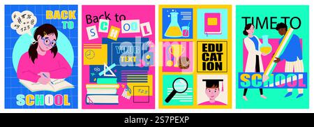 Back-to-School-Cover-Broschüre im trendigen flachen Design. Poster-Vorlagen mit Schulmädchen, die Hausaufgaben machen, Bücher und Schreibwaren, verschiedenen Unterricht und Wissenschaft, Lehrer und Schüler. Vektorabbildung. Stock Vektor