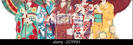 Gruppe von Anime-Manga-Mädchen in traditionellem japanischem Kimono-Kostüm mit Papierschirm. Vektordarstellung auf isoliertem Hintergrund. Gruppe Anime-Manga-Mädchen im Kimono mit Papierschirm Stock Vektor