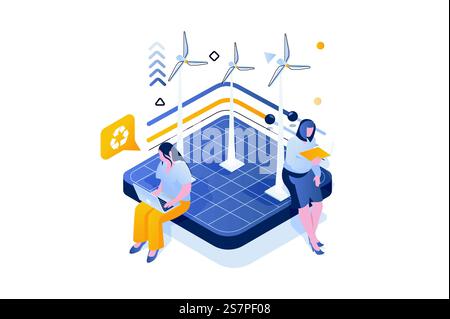 Umweltfreundliches Lifestyle-Konzept im isometrischen 3D-Design. Windturbinenstation zur Energieerzeugung und Nutzung erneuerbarer alternativer Energiequellen. Vektorillustration mit isometrischer Personenszene für Webgrafik Stock Vektor