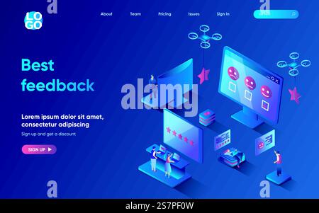 Beste Feedback-Konzept 3D isometrische Web-Landing-Page. Menschen hinterlassen positive Bewertungen auf Websites, bewerten die Servicequalität und Kundenzufriedenheit. Vektorillustration für Webvorlagen-Design Stock Vektor