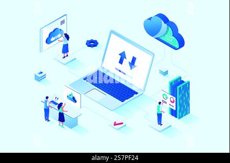Cloud Computing 3D isometrisches Webdesign. Menschen übertragen Daten, teilen Sicherheitszugriff auf Online-Speicher für andere Benutzer, nutzen Hosting-Services oder arbeiten mit Datenbankservern. Vektorwebabbildung. Cloud Computing 3D isometrisches Webdesign. Vektorwebabbildung Stock Vektor