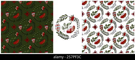 Legen Sie nahtlose Muster fest. Farbenfrohe Blumen mit Boho-Muster im skandinavischen Cottagecore-Stil. Druck für Stoffdesign, Textil, Geschenkpapier, Stock Vektor