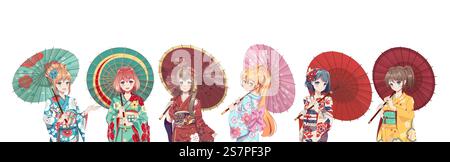 Gruppe von Anime-Manga-Mädchen in traditionellem japanischem Kimono-Kostüm mit Papierschirm. Vektordarstellung auf isoliertem Hintergrund. Gruppe Anime-Manga-Mädchen im Kimono mit Papierschirm Stock Vektor