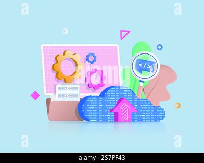 3D-Illustration des Cloud Computing-Konzepts. Symbolzusammensetzung mit Computerbildschirm, Hochladen und Übertragen von Dateien in den Cloud-Dienst, Codierung und Programmierung. Vektorillustration für modernes Webdesign Stock Vektor