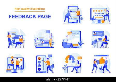 Webkonzept der Feedback-Seite mit Personen-Szenen in flacher Form. Ein Paket aus Kundenzufriedenheit, hochbewerteten Stars und Likes, positiver Kundenerfahrung. Vektorillustration mit Zeichendesign Stock Vektor