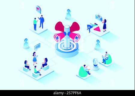 Empfehlungsmarketing 3D isometrisches Webdesign. Menschen empfehlen Shops an Freunde, verteilen Links zu Empfehlungen und verdienen Boni in Treueprogrammen, um neue Kunden zu gewinnen. Vektorwebabbildung. Empfehlungsmarketing 3D isometrisches Webdesign. Vektorwebabbildung Stock Vektor