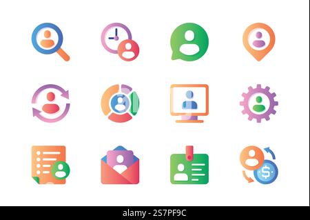 Human Resources-Symbole in flacher Farbgebung. Such-, Vakanz-, Chat-, Interview-, Management-, Mitarbeiter, Büroangestellte, Geschäftspersonal und andere. Vektorpiktogramme für Websites und mobile Apps Stock Vektor