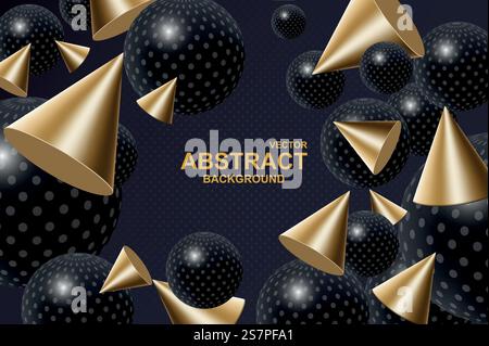 Abstrakter realistischer 3D-Hintergrund mit dynamischen Kugeln. Fallende schwarze Kugeln mit Punktmuster und goldenen Kegeln vor dunklem Hintergrund. Tapetendesign mit geometrischen Figuren. Vektorabbildung Stock Vektor