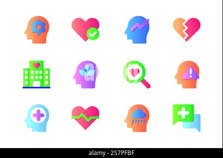 Symbole für psychische Gesundheit in Farbe flach gesetzt. Denkpaket, menschlicher Kopf, Liebesgefühl, Psychologieproblem, Prozesstherapie, Herzbruch und andere. Vektorpiktogramme für Websites und mobile Apps Stock Vektor