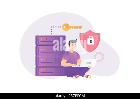 Cybersicherheitskonzept im flachen Stil mit Personenszene. Glücklicher Mann, der sicheren Zugriff mit Passwort auf seine persönlichen Daten bei Laptop- und Cyberangriffen nutzt. Vektorillustration für Webdesign Stock Vektor