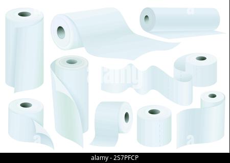 Mega-Set-Grafikelemente aus Toilettenpapier in flachem Design. Paket mit weißen Papierrollen Mockups mit Wellenband von Hygienetüchern, Küchentüchern oder Badezimmerzubehör. Vektorillustration isolierte Objekte. Toilettenpapier Vektorset Stock Vektor