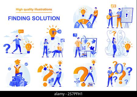 Suche nach einem Web-Konzept für eine Lösung mit Personen, die in flacher Form inszeniert sind. Ein Bündel aus Brainstorming, menschlicher Kreativität, Ideenfindung, Denkfragen, Herausforderung. Vektorillustration mit Zeichendesign Stock Vektor