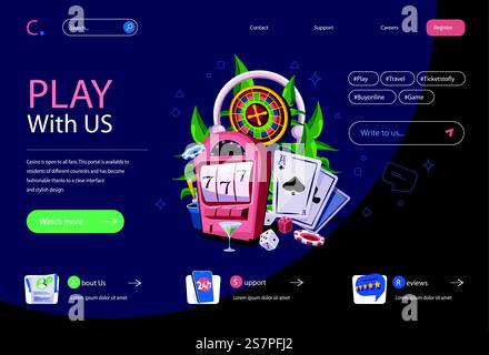 Casino-Konzept in flachem Cartoon-Design für Homepage-Layout. Online-Poker und -Glücksspiel, Jackpot-Gewinn an Spielautomaten, Roulette, Würfel und Kartenspiele. Vektorillustration für Landing-Page und Webbanner Stock Vektor