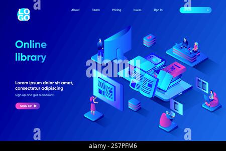 Konzept der Online-Bibliothek 3D isometrische Web-Landing-Page. Man liest E-Books und Lehrbücher mit Computern und Laptops, Online-Buchhandlungen oder digitalen Bibliotheken. Vektorillustration für Webvorlagen-Design Stock Vektor
