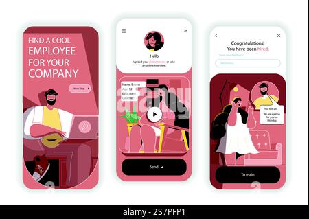 Onboarding-Bildschirme für das Recruitment-Konzept. Personalwesen, Suche nach Mitarbeitern nach offenen Stellen, Vorstellungsgespräche. UI-, UX-, GUI-Benutzeroberflächenkit mit flacher Personenszene. Vektorillustration für Webdesign Stock Vektor