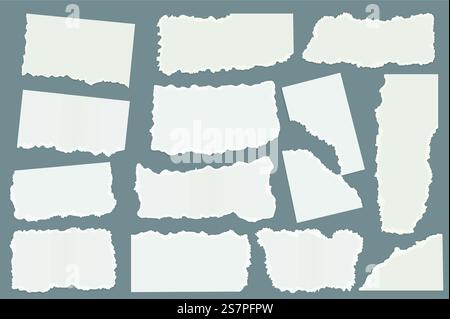 Gerissenes Papier setzt grafische Elemente in flacher Form. Bündel aus verschiedenen Formen weißer, gerissener Papierschrott mit leeren Stellen, Seitenstücke mit gerissenen Kanten. Vektorillustration isolierte Objekte Stock Vektor