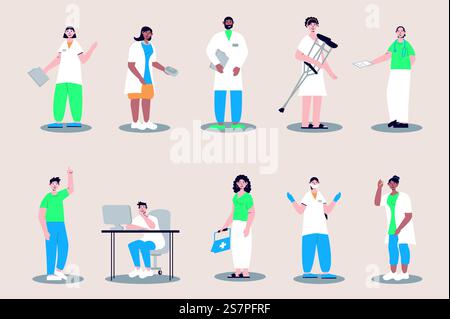 Medizinisches Personal in flachem Design. Männer und Frauen arbeiten im Krankenhaus, Krankenschwestern und Ärzte, Zahnärzte, Ärzte und andere. Bündel verschiedener Zeichen. Vektorillustration isolierte Personen für Web Stock Vektor