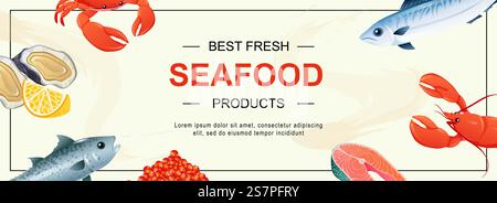 Horizontales Webbanner für Meeresfrüchte. Verschiedene Fische, Makrele, Lachs, roter Kaviar, Krabben, Hummer, Austern mit Zitrone, andere Produkte. Vektorillustration für Header-Website, Cover-Vorlagen in modernem Design Stock Vektor