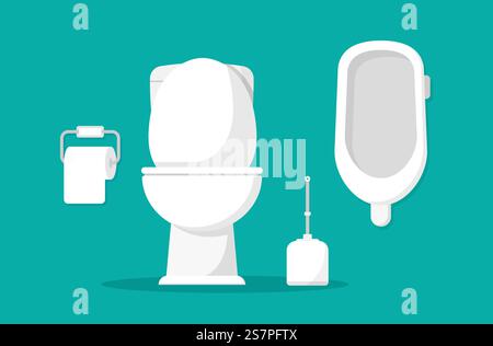 Toilettenschüssel, Toilettenpapier und Bürste für Toilettenschüssel, flaches Vektorsymbol. Vektorillustration Stock Vektor