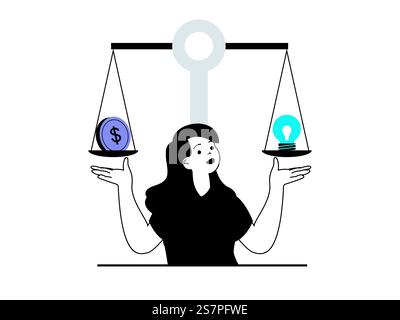 Startkonzept mit Charaktersituation. Frau denkt und trifft Entscheidungen, investiert Geld in Geschäftsprojekte, Analysen und erreicht Ziele. Vektorillustration mit Personenszene in flachem Design für Web Stock Vektor