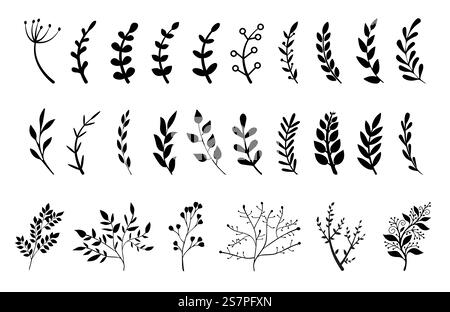 Handgezeichnete Zweige mit Blättern und Blumenvektorsymbol Stock Vektor