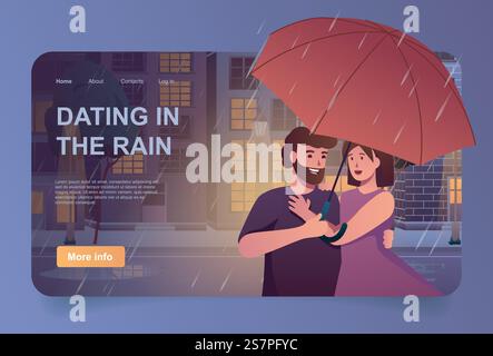 Datierung im Regenkonzept im Zeichentrickdesign für Landingpage. Liebevolles Paar, das sich umarmt und unter dem Schirm läuft. Mann und Frau haben ein Date am regnerischen Abend. Vektorillustration mit Personen für Web-Homepage Stock Vektor