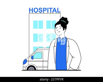 Medizinisches Konzept mit Charaktersituation. Arzt wartet auf Besucher in der Klinik, Krankenschwester arbeitet im Krankenhaus und rettet Patienten im Krankenwagen. Vektorillustration mit Personenszene in flachem Design für Web Stock Vektor