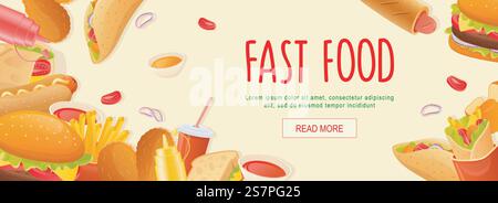 Horizontales Fastfood-Webbanner. Taco, Hot Dog, Hamburger, Cola, Sandwich, Pommes frites, Ketchup, Senf und andere Snacks. Vektorillustration für Header-Website, Cover-Vorlagen in modernem Design Stock Vektor