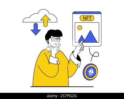 NFT-Token-Konzept mit Zeichensituation. Man investiert Geld in digitale Kunst mit NFT und macht Transaktionen mit Kryptowährungen. Vektorillustration mit Personenszene in flachem Design für Web Stock Vektor