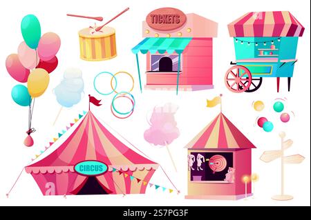 Circus setzt grafische Elemente in flachem Design. Bundle von Verkaufsständen mit Tickets, Essenskiosk, Ballons, Zuckerwatte, Zeiger, Schießgalerie, Zirkuszelt des Karnevals. Vektorillustration isolierte Objekte Stock Vektor
