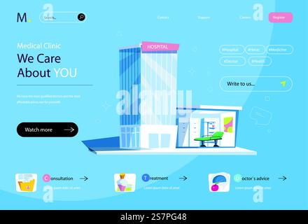 Medizinisches Klinikkonzept in flacher Cartoon-Gestaltung für Homepage-Layout. Diagnose und Behandlung, Arztbesuche im Krankenhaus, Betreuung der Patienten. Vektorillustration für Landing-Page und Webbanner Stock Vektor