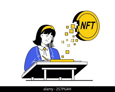NFT-Token-Konzept mit Zeichensituation. Künstlerin schafft digitale Kunst mit NFT-Technologie, verkauft Meisterwerke auf virtuellen Auktionen. Vektorillustration mit Personenszene in flachem Design für Web Stock Vektor