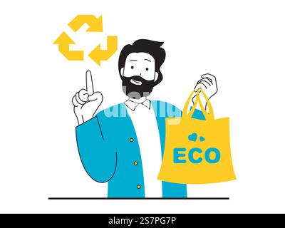 Rettet das Earth Concept mit Charaktersituation. Man Umweltaktivist verwendet eine umweltfreundliche Einkaufstasche aus Textil und fordert Recycling und Wiederverwendbarkeit. Vektorillustration mit Personenszene in flachem Design für Web Stock Vektor