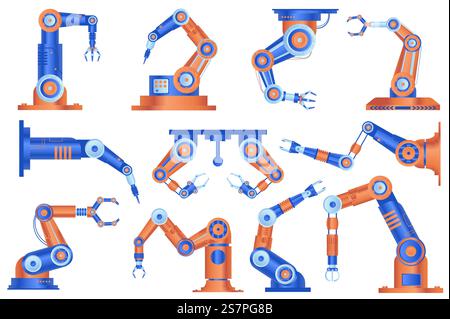 Industrielle Roboterarme setzen grafische Elemente in flacher Bauweise. Bündel von automatischen Robotermanipulatoren für die Arbeit an der Förderlinie der Montagefabrik. Vektorillustration isolierte Objekte Stock Vektor