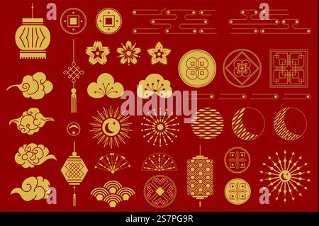 Chinesische Elemente und Ornamente isoliert in flacher Ausführung. Bundle asiatisches Gold traditionell und Symbole für Urlaub, Laternen, Wolken, Blumen, Rahmen, Knoten, Rosetten und andere. Vektorabbildung. Stock Vektor