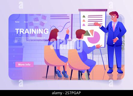 Business Training Konzept im Cartoon Design für Landing Page. Coachen Sie die Durchführung von Lehrvorträgen für Mitarbeiter und verbessern Sie ihre beruflichen Fähigkeiten. Vektorillustration mit Personen für Web-Homepage Stock Vektor