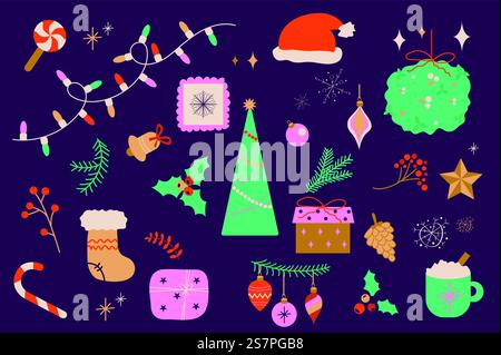 Isolierte Elemente für Weihnachtsfeiertage in flachem Design. Lutscher, Girlande, Weihnachtsmann-Hut, Glocke, Baum, beere, Socken, Geschenk, stechpalme, Spielzeug, Winterdekoration und anderes. Vektorabbildung. Stock Vektor