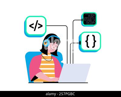 Programmier-Software-Konzept mit Charaktersituation. Frau, die mit Programmcode arbeitet, neue Lösungen findet, Bugs korrigiert und Tests durchführt. Vektorillustration mit Personenszene in flachem Design für Web Stock Vektor