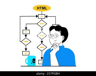 Web-Entwicklungskonzept mit Charaktersituation. Man entwickelt Algorithmen, findet Lösungen und Einstellungen. Vektorillustration mit Personenszene in flachem Design für Web Stock Vektor