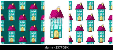 Blaue Häuser. Setze ein süßes, nahtloses Muster für die Stadt. Muster in handgezeichnetem Stil für Stoffe Stock Vektor