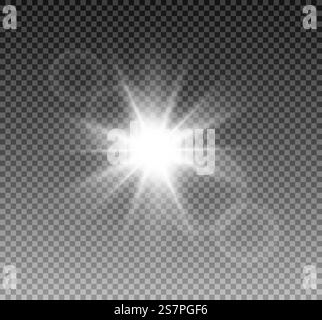 Strahlende Sonne, heller Blitz oder Licht explodiert auf einem transparenten Hintergrund. Vektorabbildung. Strahlende Sonne, heller Blitz oder Licht explodiert auf einem transparenten Hintergrund. Vektor Stock Vektor