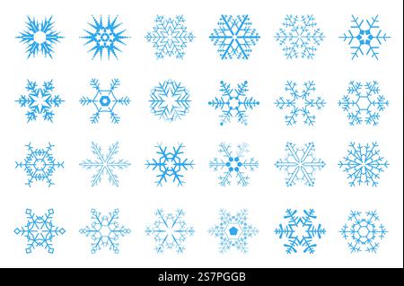 Schneeflocken isolierte grafische Elemente in flachem Design. Ein Bündel blauer Schneeflocken in verschiedenen Formen, gefrorene geometrische Ornamente für Silvester- und Weihnachtsdekoration. Vektorabbildung. Stock Vektor