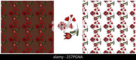 Legen Sie nahtlose Muster fest. Farbenfrohe Blumen mit Boho-Muster im skandinavischen Cottagecore-Stil. Druck für Stoffdesign, Textil, Verpackung, Deko Stock Vektor